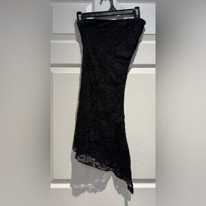 princess polly asymmetrical black dress strapless cinched side lace overlay xs